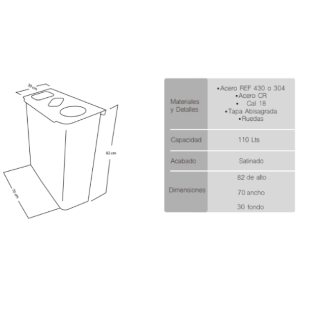 Punto Ecológico Acero Inoxidable 110 Litros 3 Divisiones  Metalis Ámbar lite_7